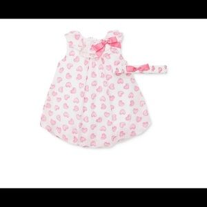 Little Me 6 month bubble romper with elastic headband and heart pattern
